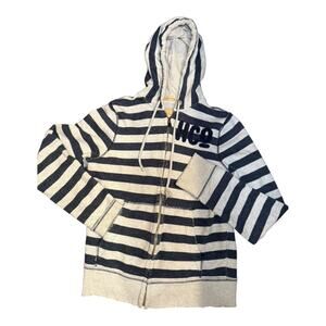 Y2K Hollister Striped Distressed Hooded Kangaroo Pocket Zip Up Sweatshirt Mens L